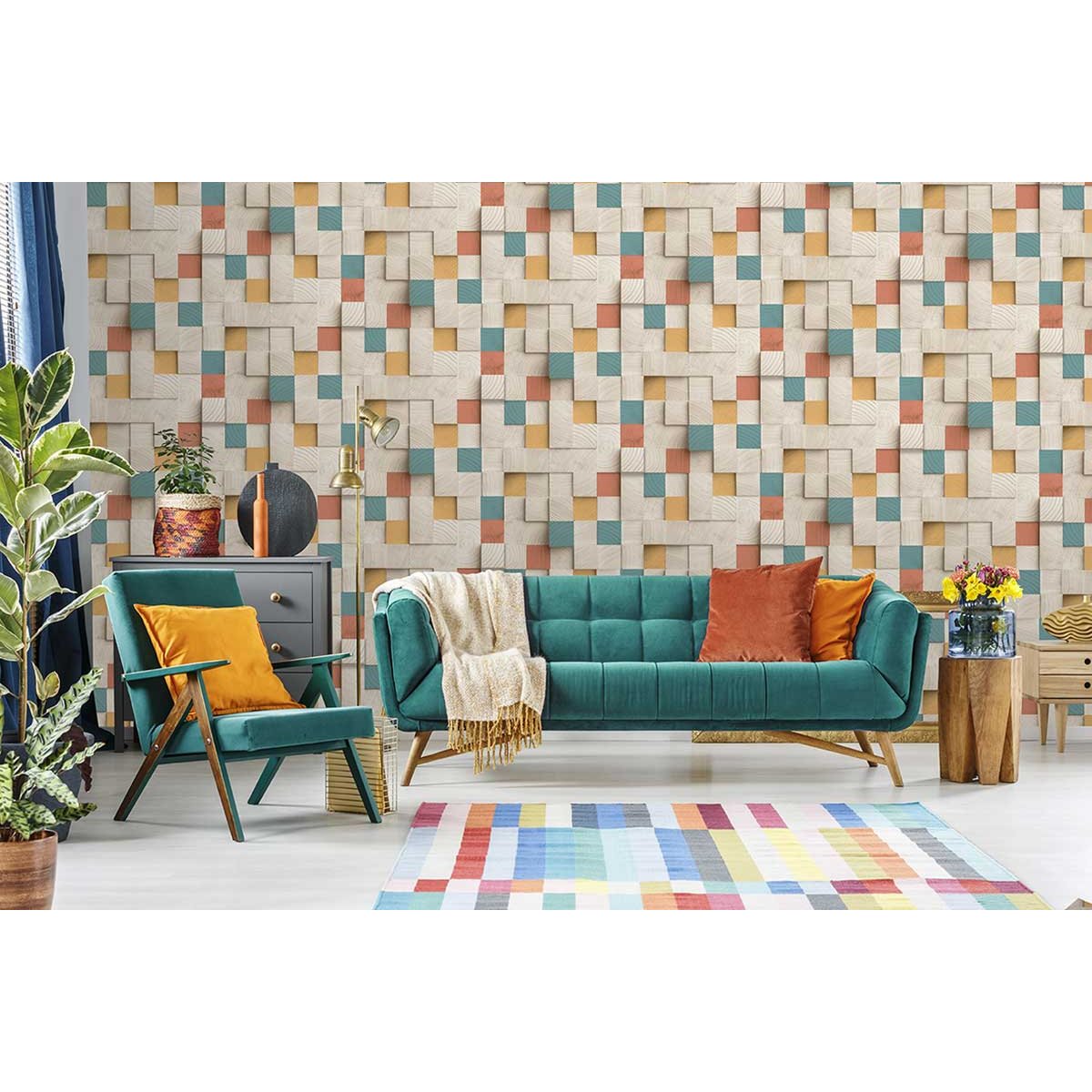 Papier peint cubes bois colorés design moderne multicolore, HEXOA