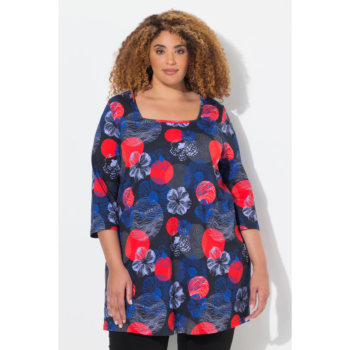 T-shirt long, décolleté carré et manches 3/4 noir, ULLA POPKEN