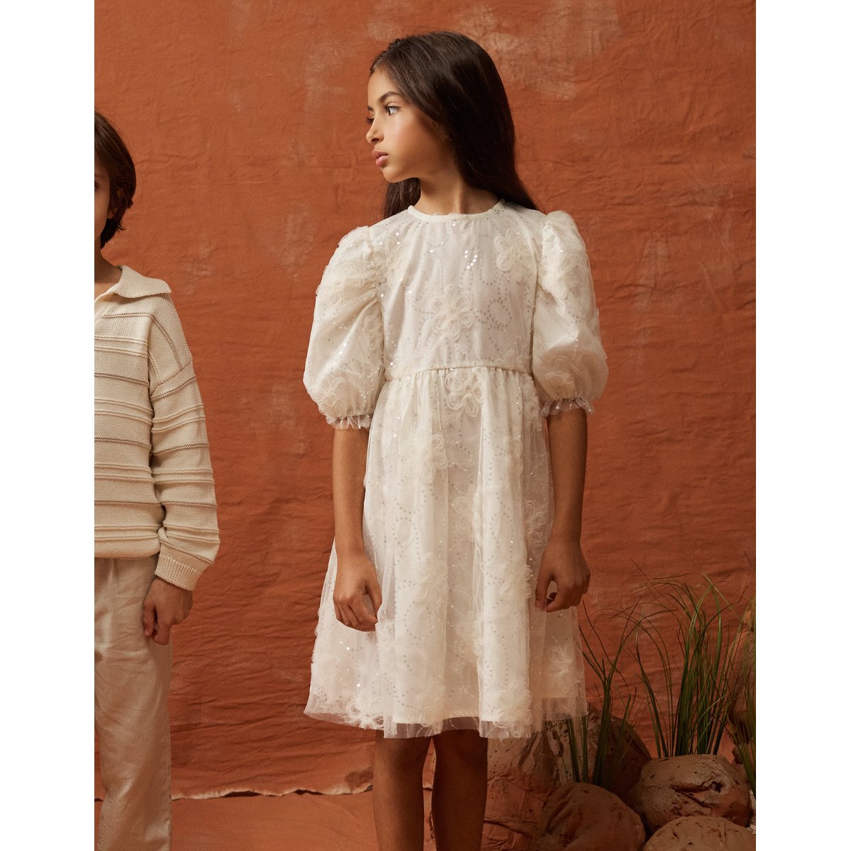 Robe à manches bouffantes et fleurs 3D blanc, ZIPPY