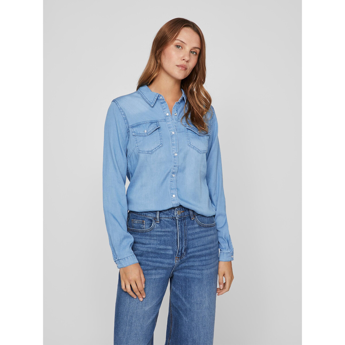 Chemise cintrée, manches longues bleu denim, VILA