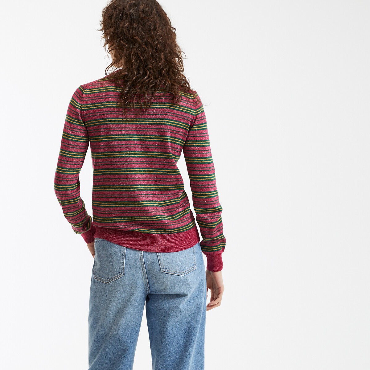 Striped Crew Neck Jumper, in Fine Knit with Sparkly Thread pink striped, LA REDOUTE COLLECTIONS