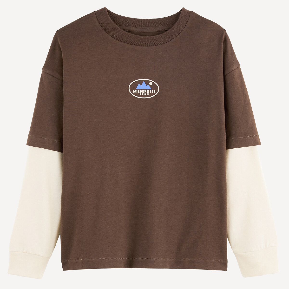 T-shirt manches longues, effet 2 en 1, avec motif devant et message au dos marron, LA REDOUTE COLLECTIONS