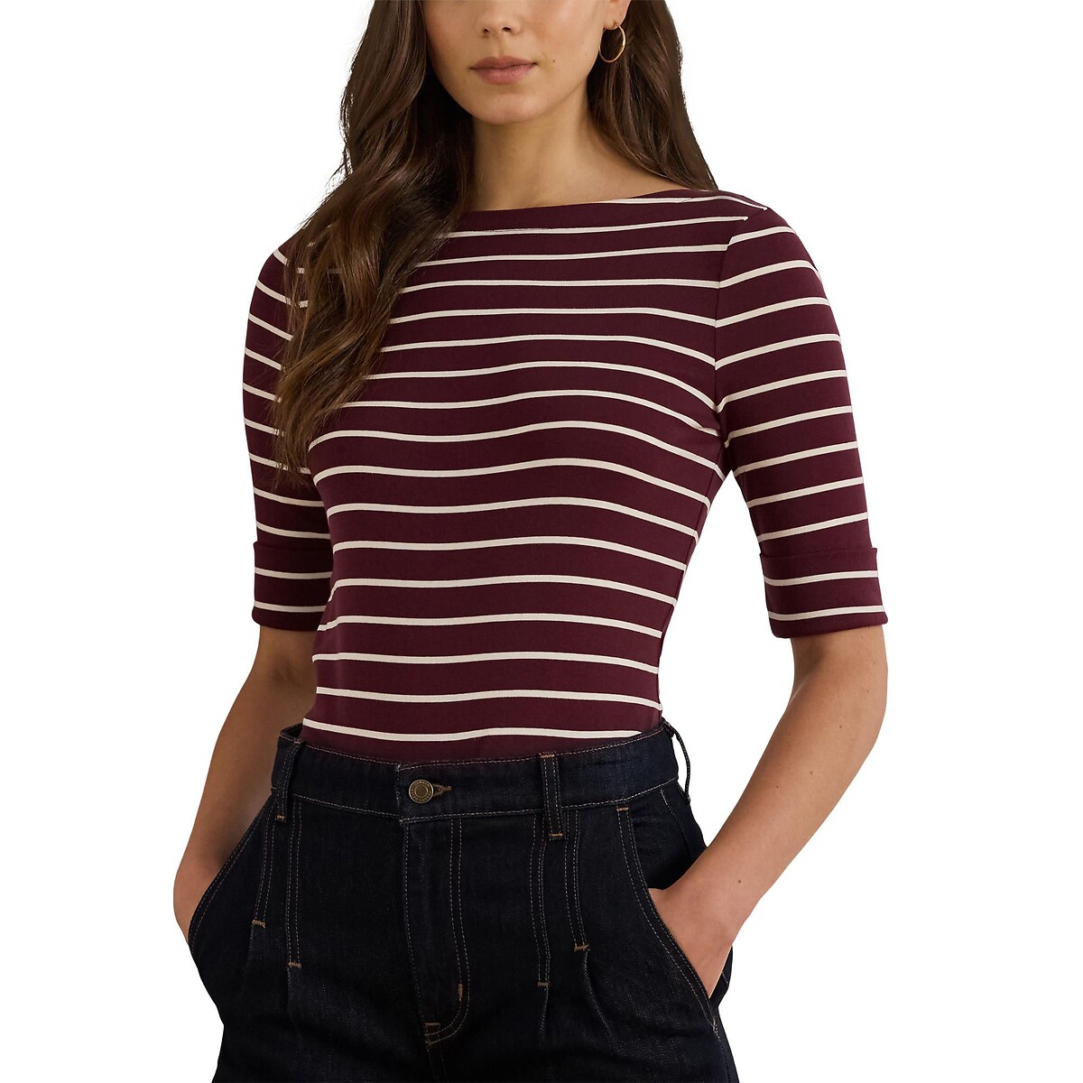 Judy Striped Boat Neck T-Shirt with Short Sleeves burgundy striped/white, LAUREN RALPH LAUREN