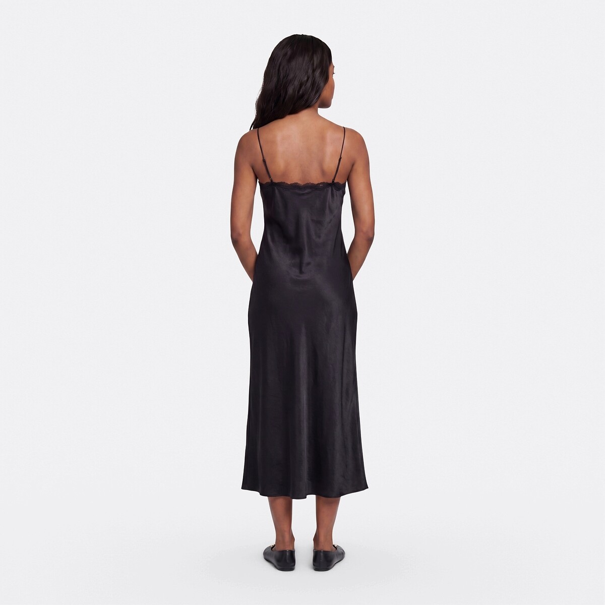 Robe longue en satin à fines bretelles et dentelle noir, LA REDOUTE COLLECTIONS