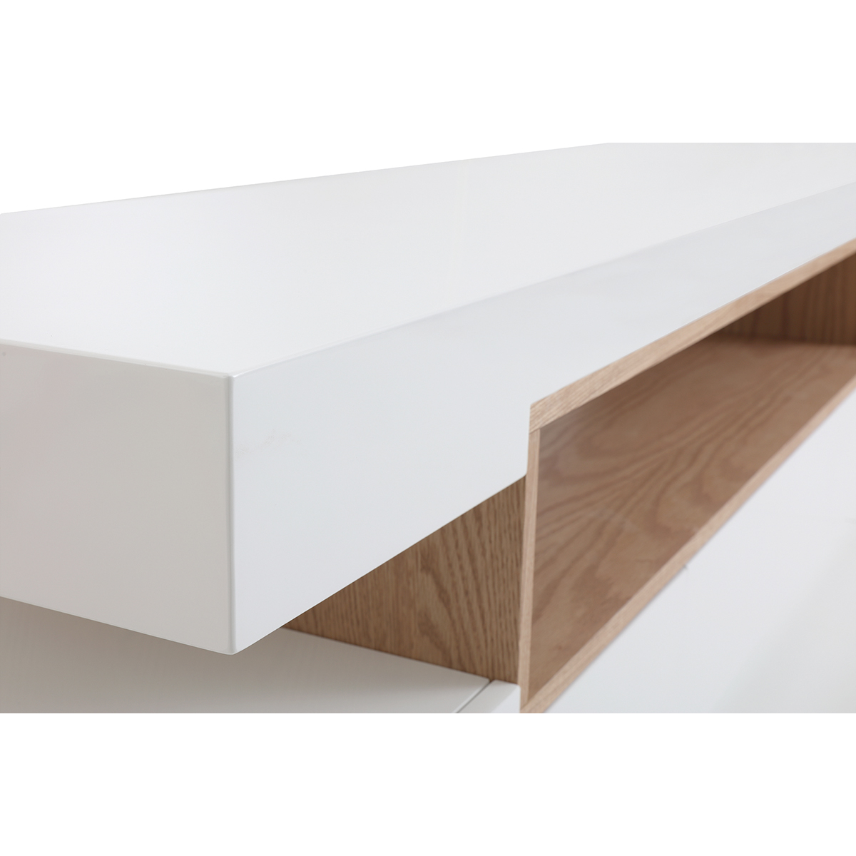 Meuble TV design blanc laqué brillant et bois L200 cm LIVO blanc, MILIBOO