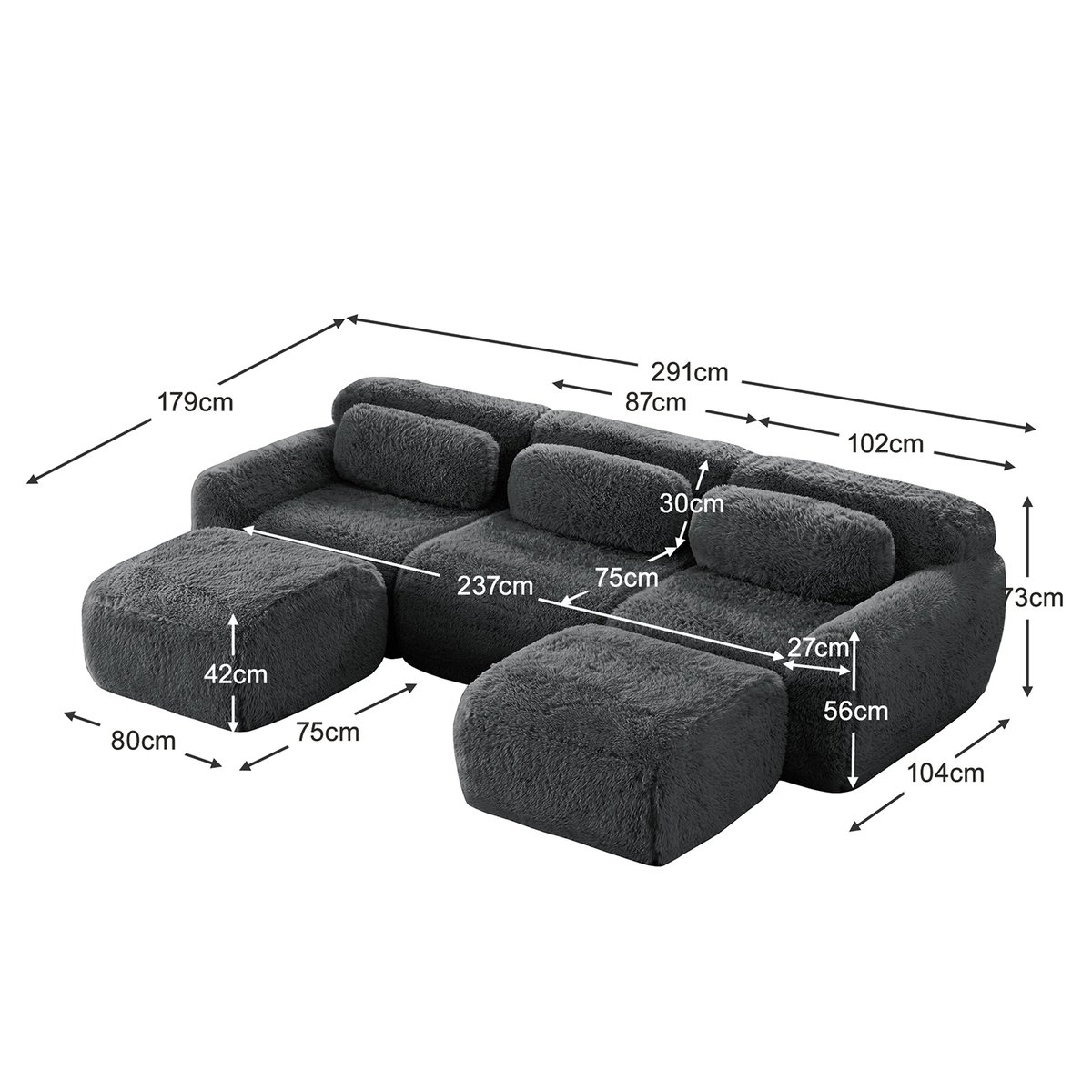 Canapé d'angle réversible 3 places avec 2 poufs, WIND gris charbon, MEUBLES COSY
