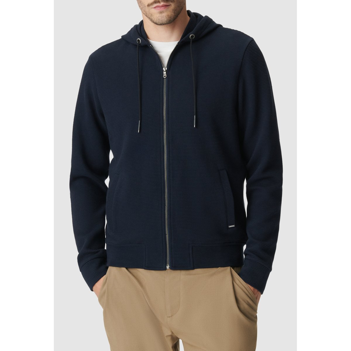 Cardigan coton bio maille Ottoman à capuche bleu marine, IKKS