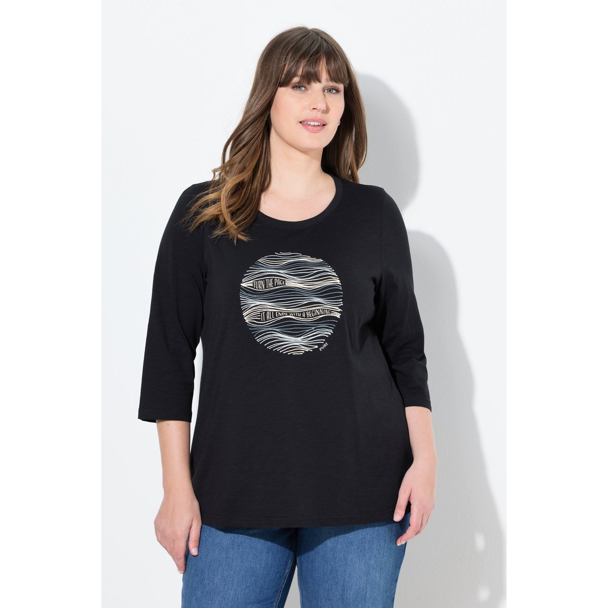 T-shirt à col rond et manches 3/4 noir, ULLA POPKEN