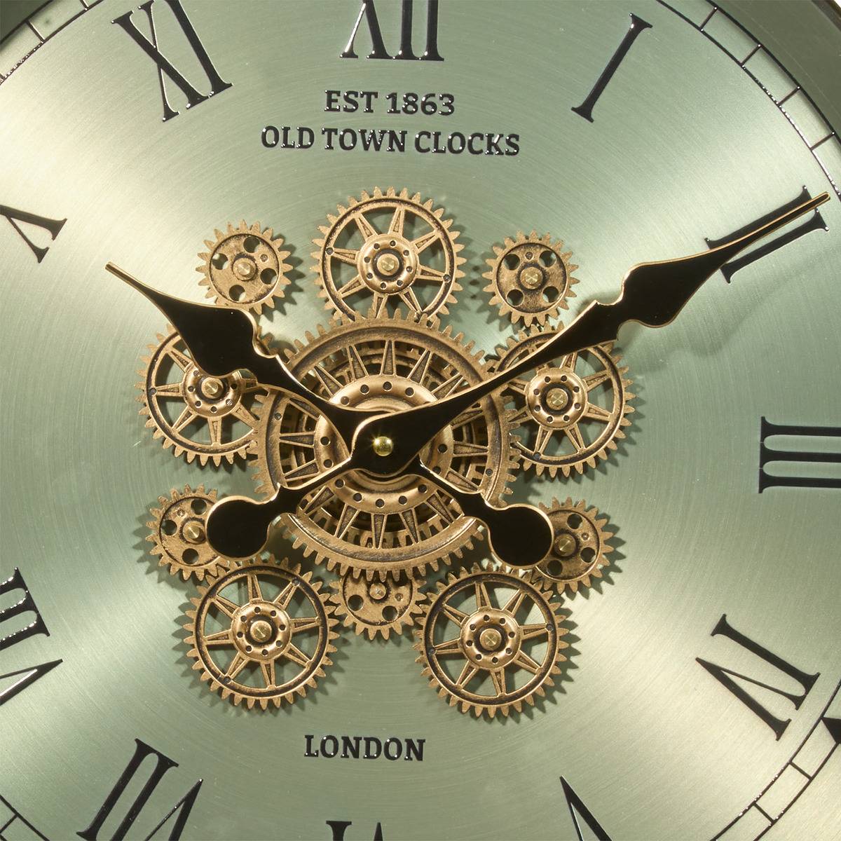 Horloge mécanique acier engrenages apparents MICHEL vert, ATMOSPHERA