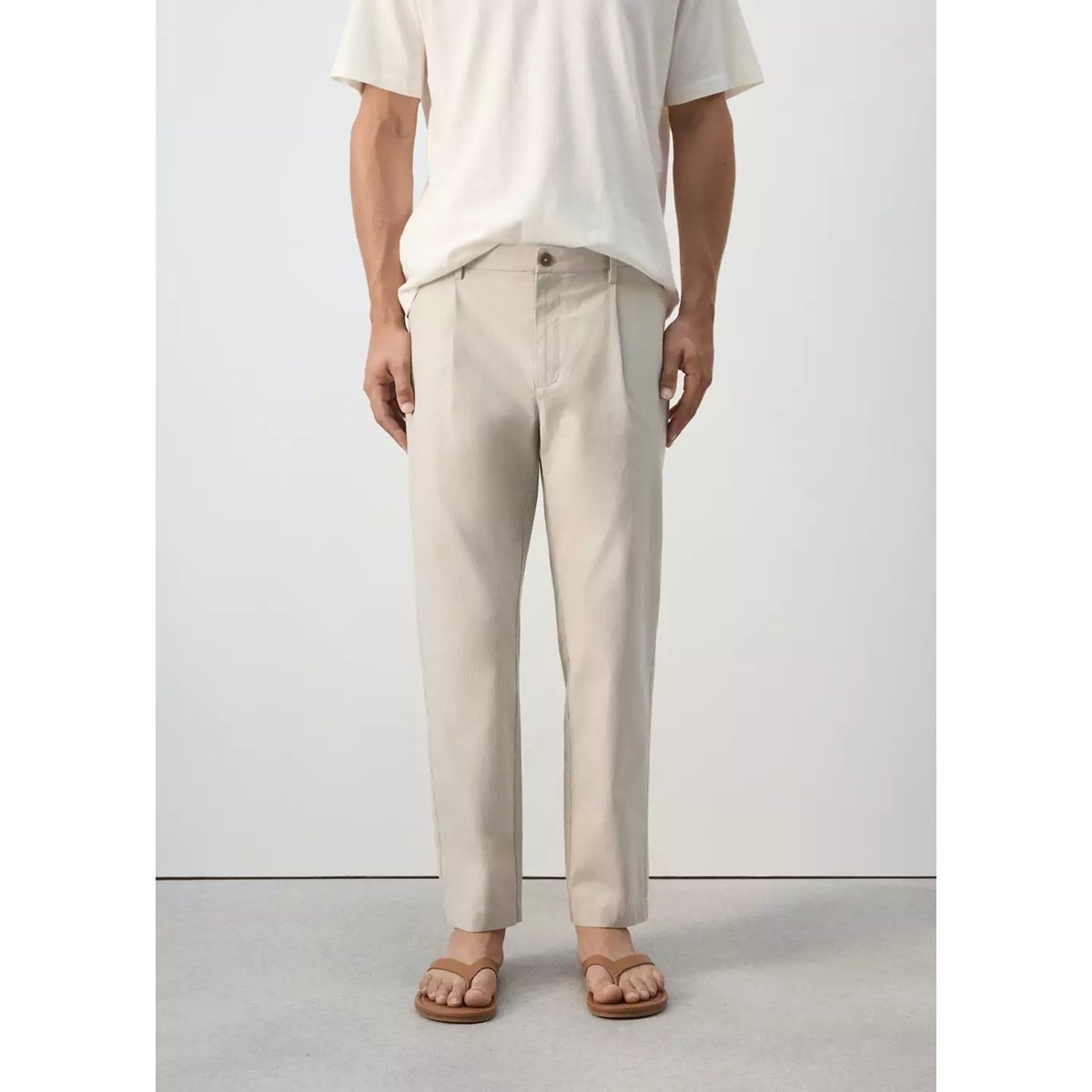 Pantalon regular fit mélange de coton à pinces imprimé à rayures marron moyen, MANGO MAN