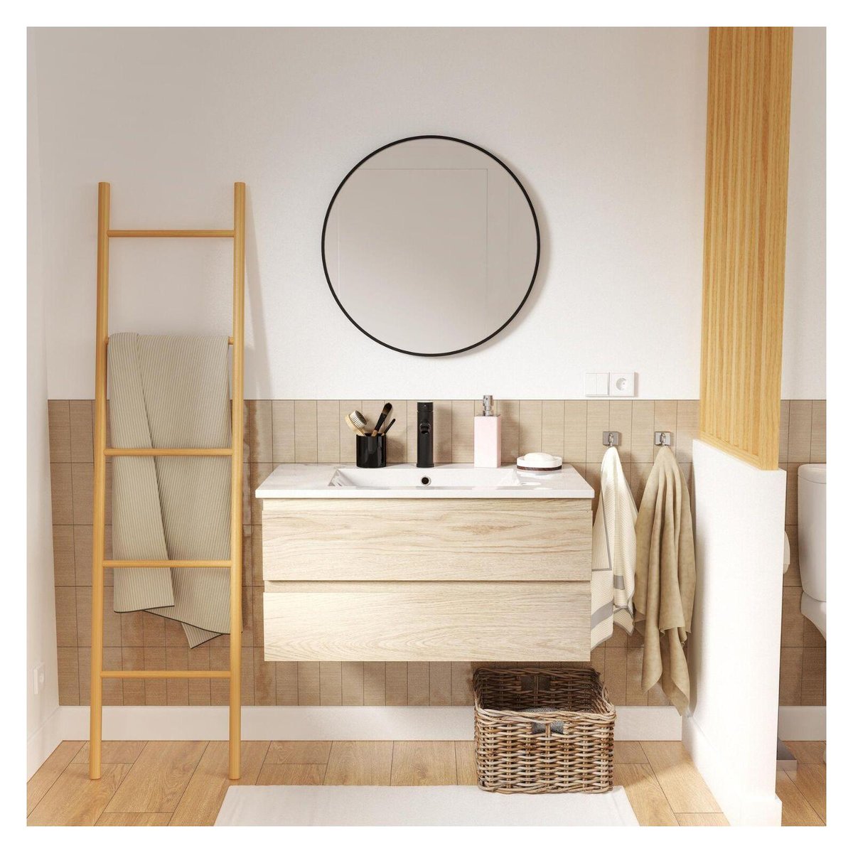 Meuble simple vasque 80 cm SORRENTO décor chêne, MOB IN
