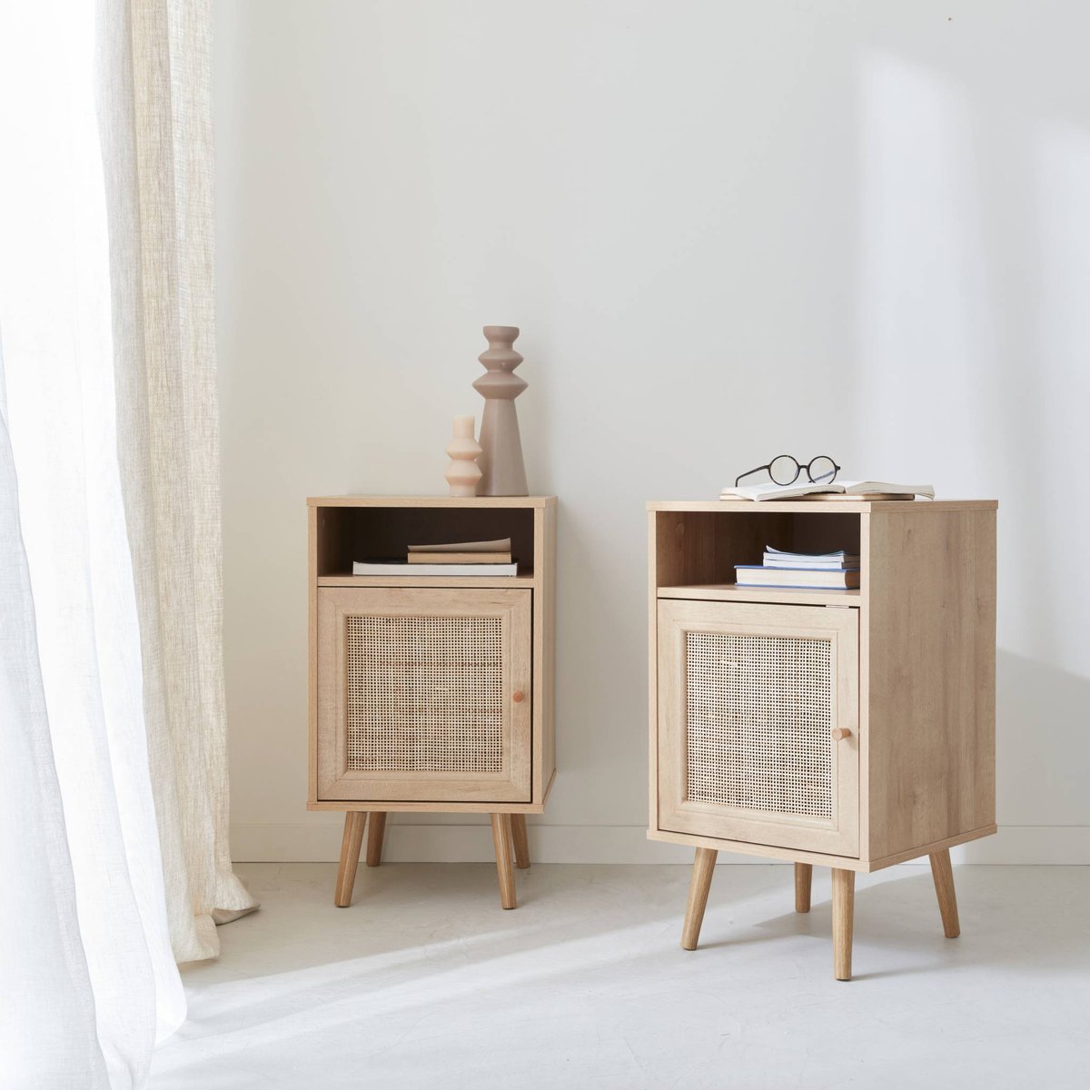 Table de chevet scandinave en cannage 1 porte (lot de 2) BOHÈME naturel, SWEEEK