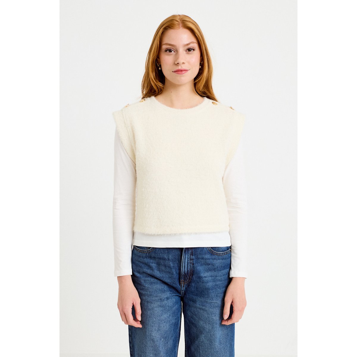 Pull 2-en-1 manches longues col rond ecru, CACHE CACHE