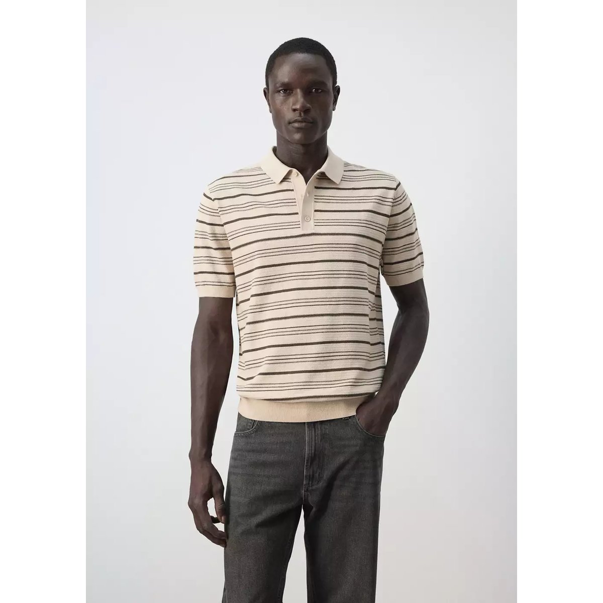 Polo en maille de coton mélangé à rayures beige, MANGO MAN