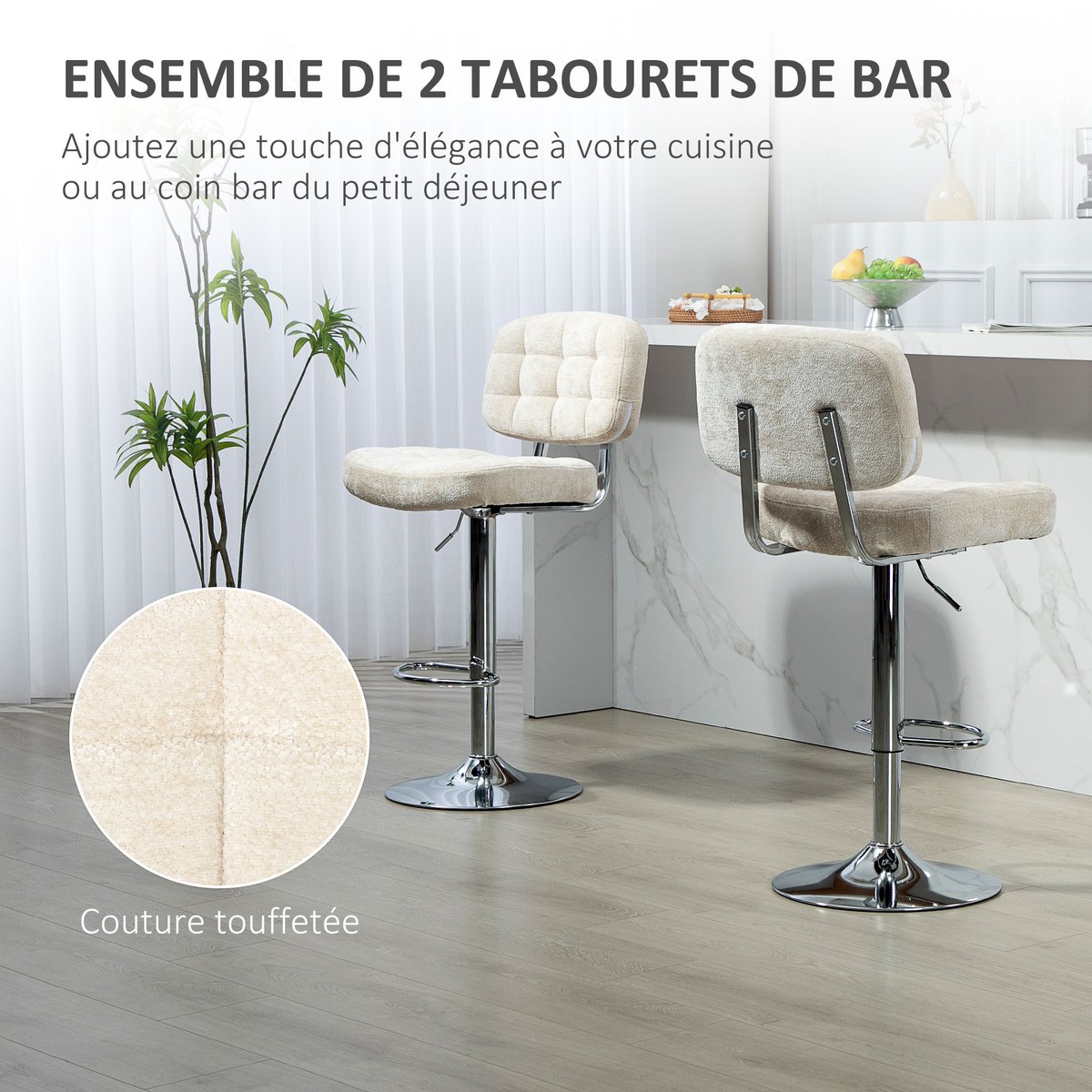 Tabouret de bar Chenille (100 % polyester) beige, HOMCOM