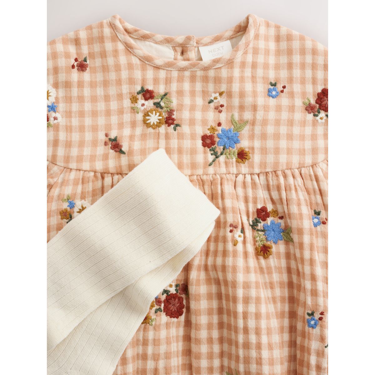 Barboteuse bébé bouffante et collants, 2 pcs broderie à carreaux marron et crème, NEXT