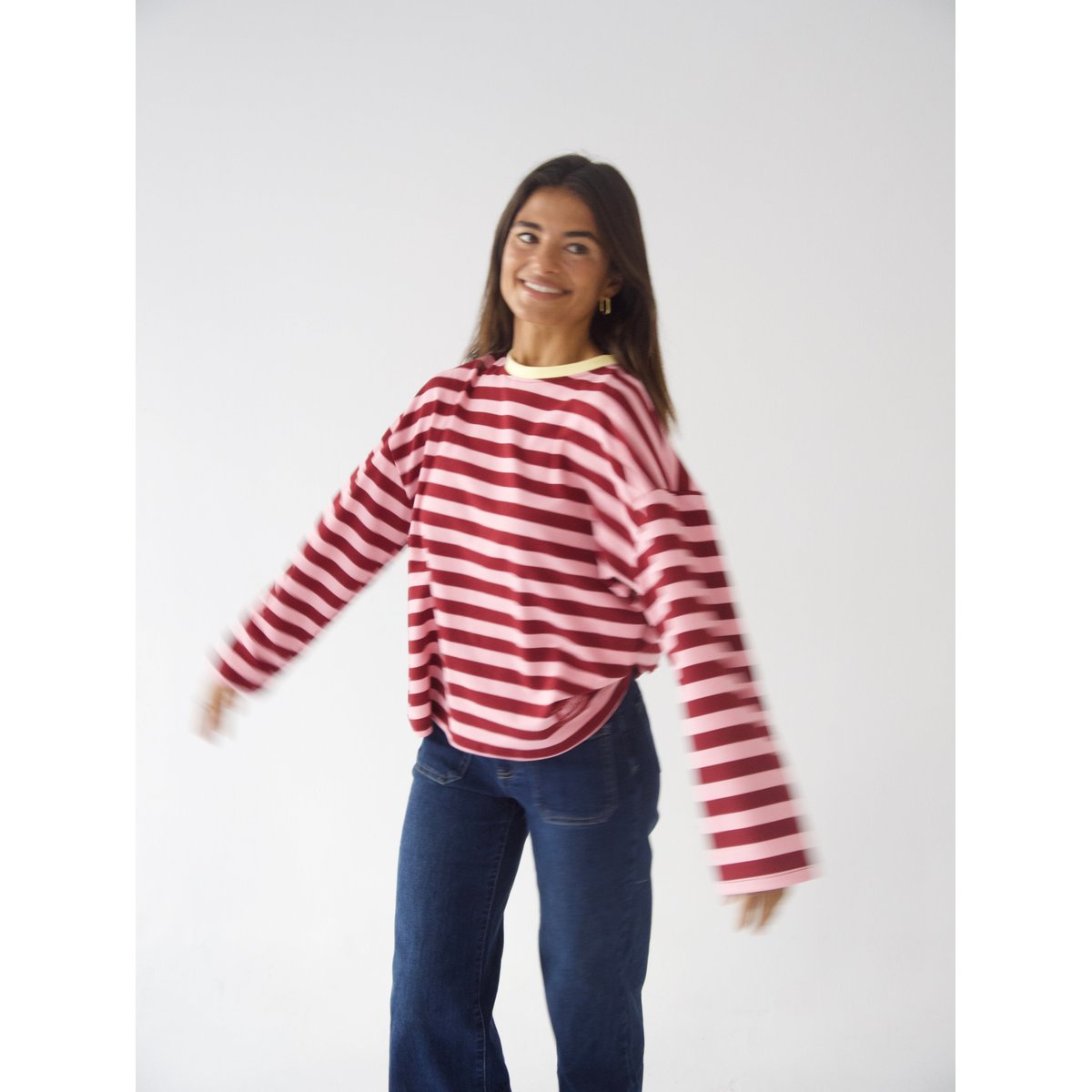 T-shirt rayé manches longues NÚRIA bordeaux / rose / jaune, MINDTRAVELER