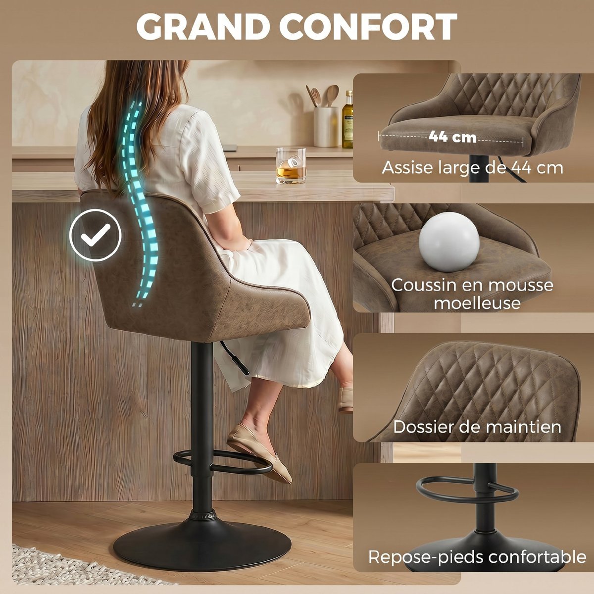 Tabouret de bar PU Marron foncé marron foncé, HOMCOM