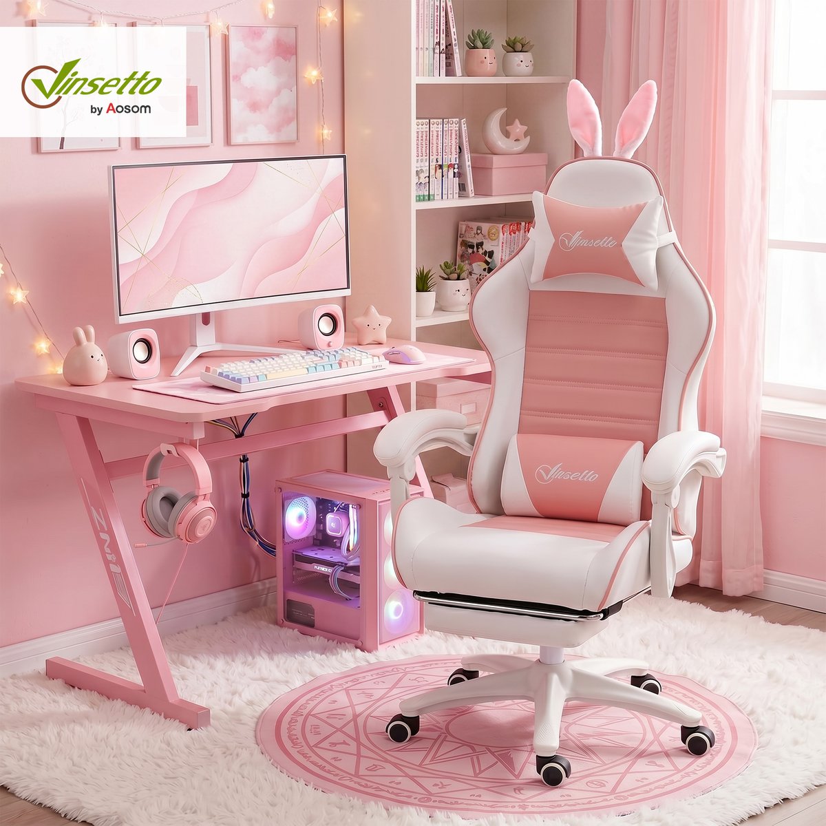 Fauteuil gaming Polyuréthane Rose rose, blanc, HOMCOM