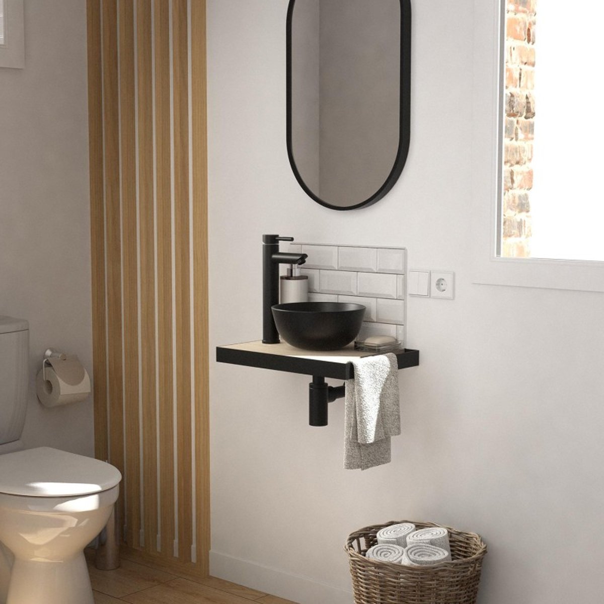 Lave-mains fin +vasque+robinet+miroir SOHO décor chêne, MOB IN