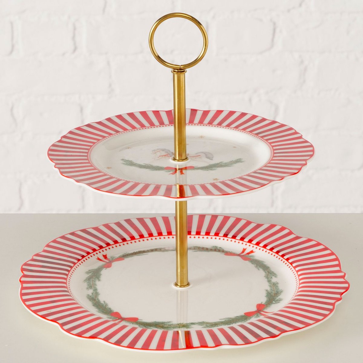 Plat de présentation Noël 2 étages céramique et métal doré 26.5x26,5x24cm rouge, WADIGA