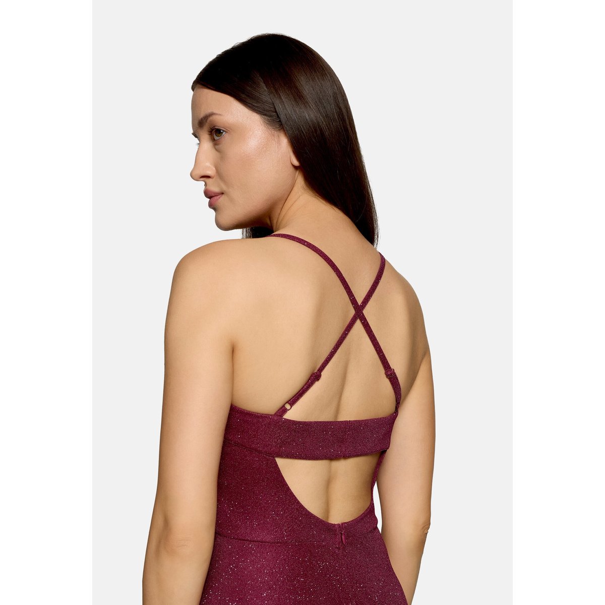 Robe de soirée à encolure bénitier rouge/gris, VERA MONT