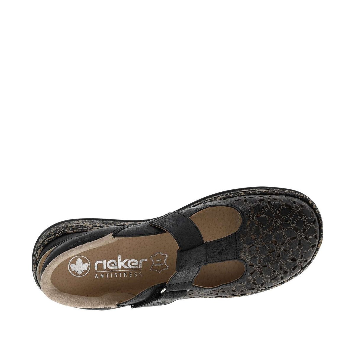 Ballerines emboitant en cuir noires à talon plat avec une bande auto-agrippante noir, RIEKER