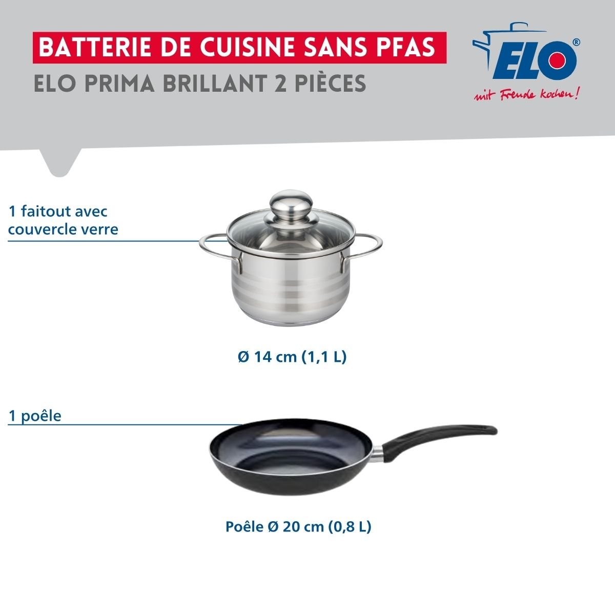 Batterie de cuisine 1 poêle 20cm + 1 faitout 14cm PRIMA BRILLANT noir, ELO