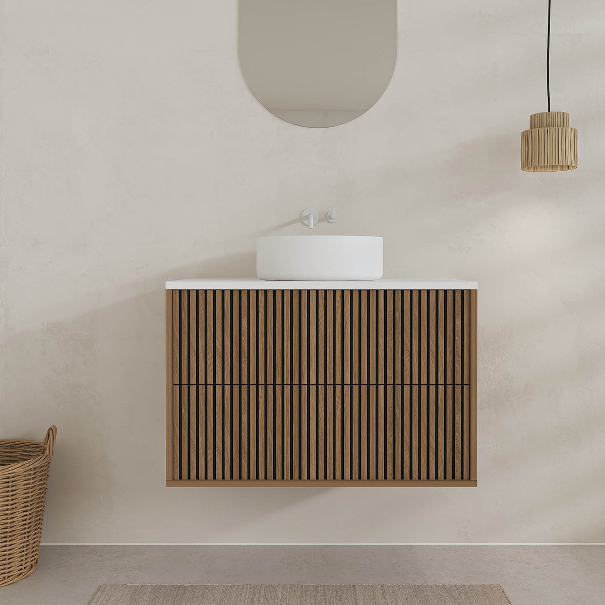 Meuble de salle de bain suspendu avec façade crantée, plan de toilette et vasque(s) à poser naturel, HOME MAISON