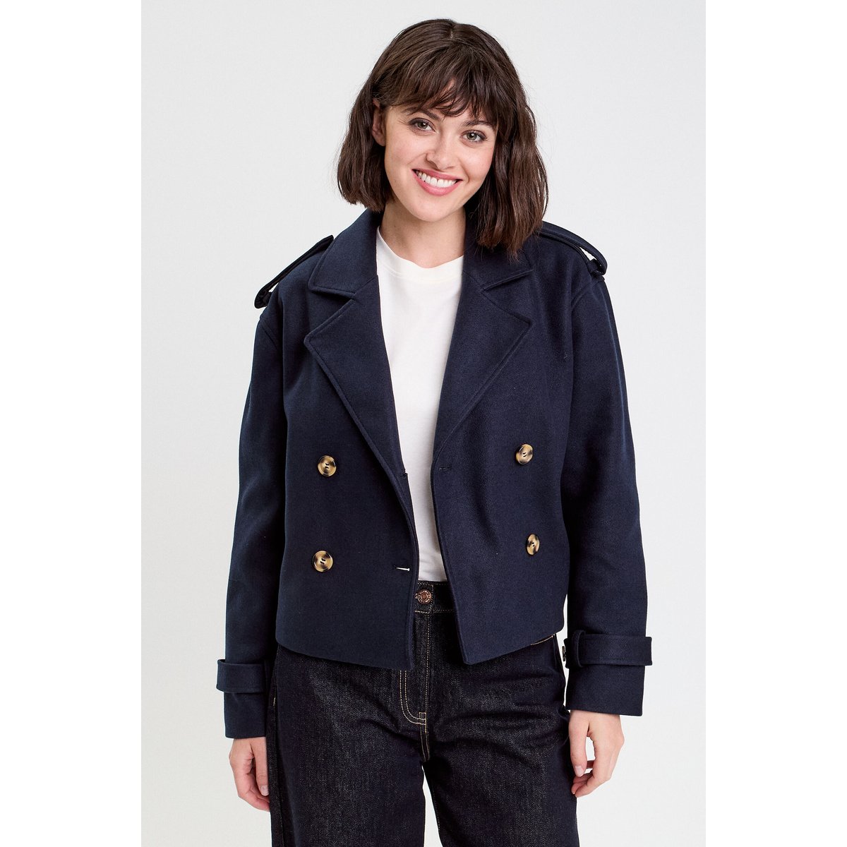 Trench court boutonné bleu marine, CACHE CACHE