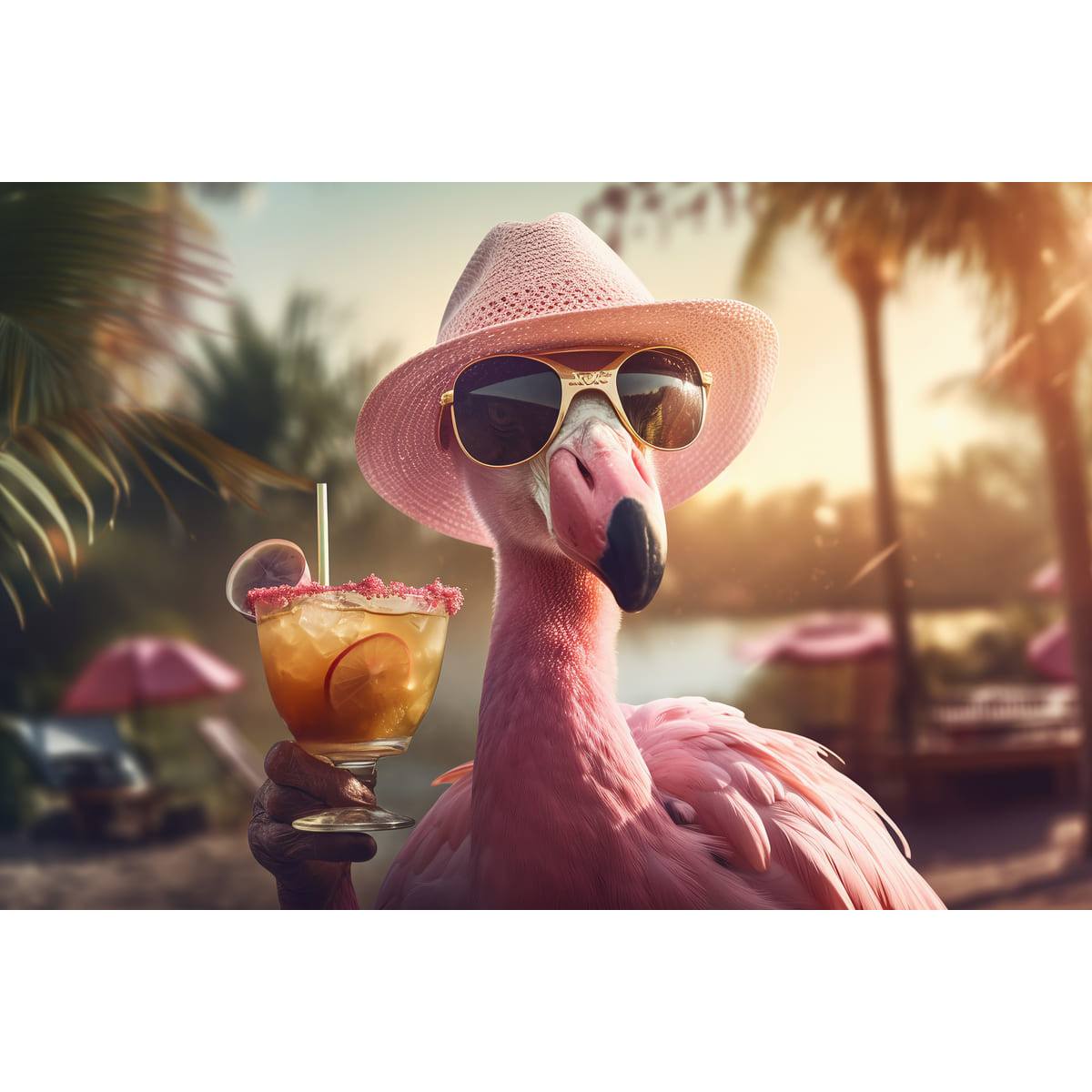 Tableau Mural Flamant Rose Chic Avec Cocktail ANIMAUX HUMANISÉS tableau en verre synthétique, CEANOTHE