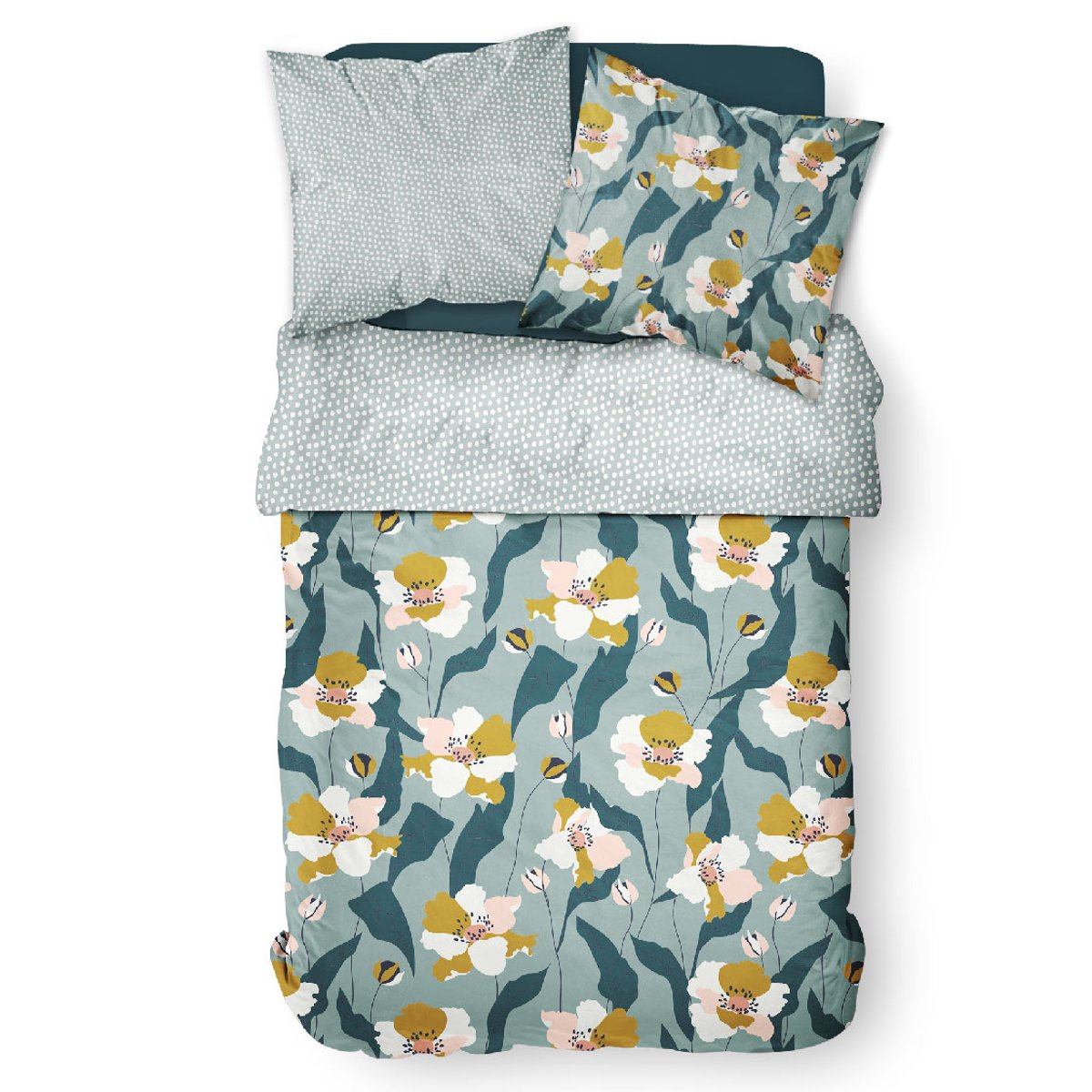 Parure de lit coton 2 personnes imprimé floral SUNSHINE bleu, TODAY