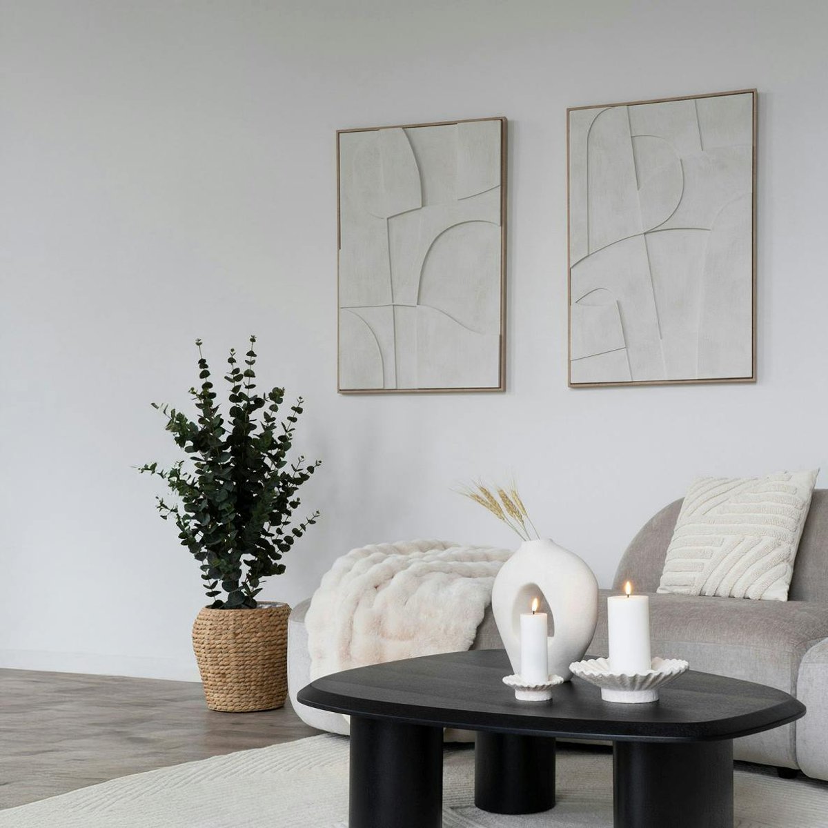 Tableau abstrait blanc courbes avec cadre 60x90 cm blanc, PIER IMPORT