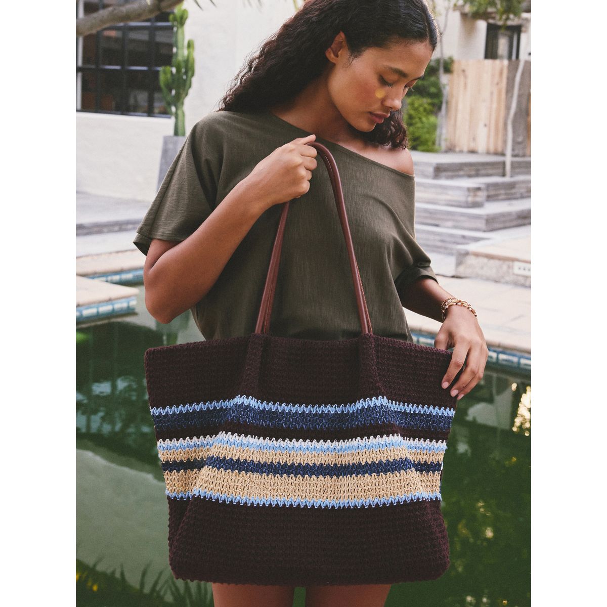 Sac porté épaule à rayures effet crochet marron chocolat, NEXT