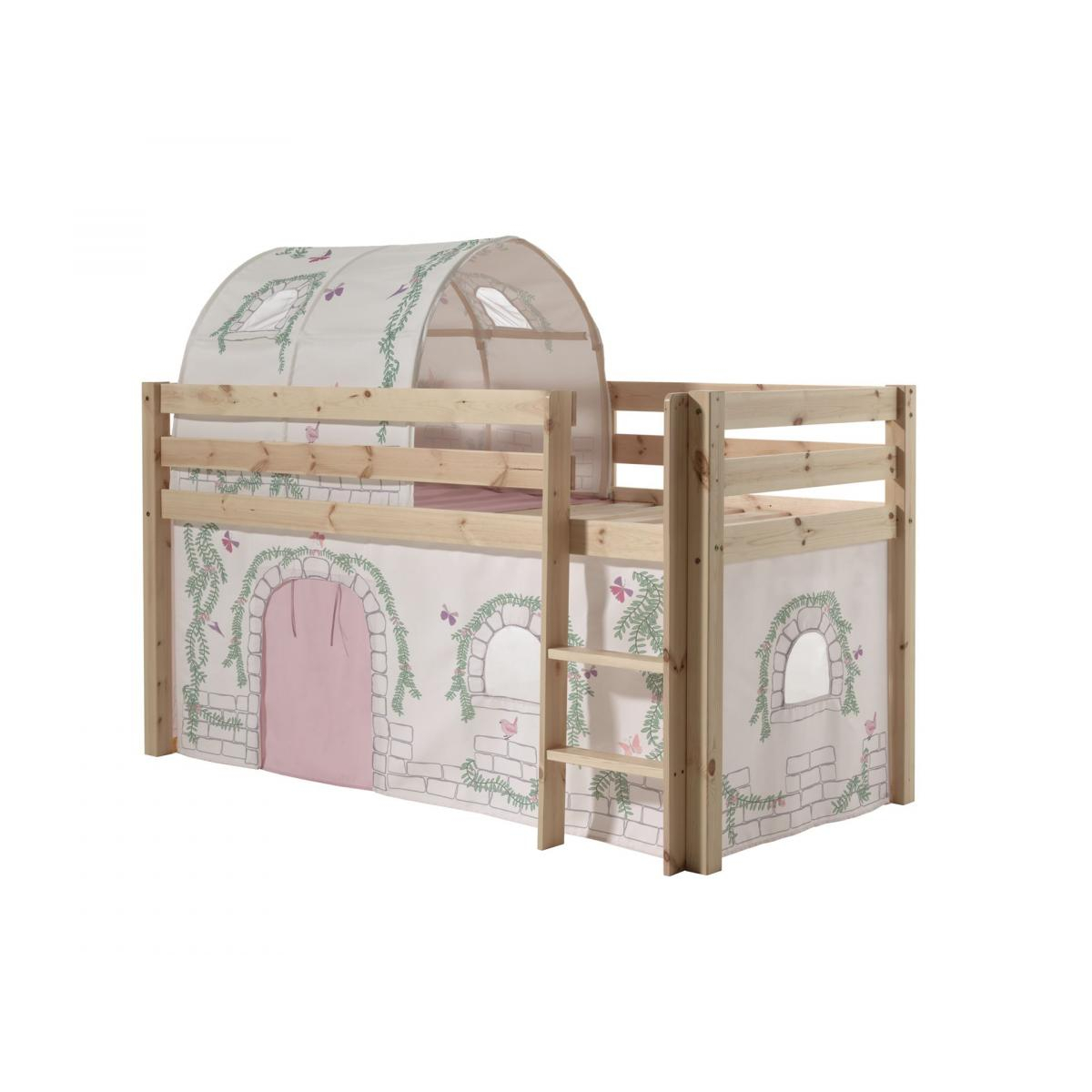 PINO Lit Compact Pin Massif Naturel + tunnel et rideau de lit Birdy couleur unique, VIPACK
