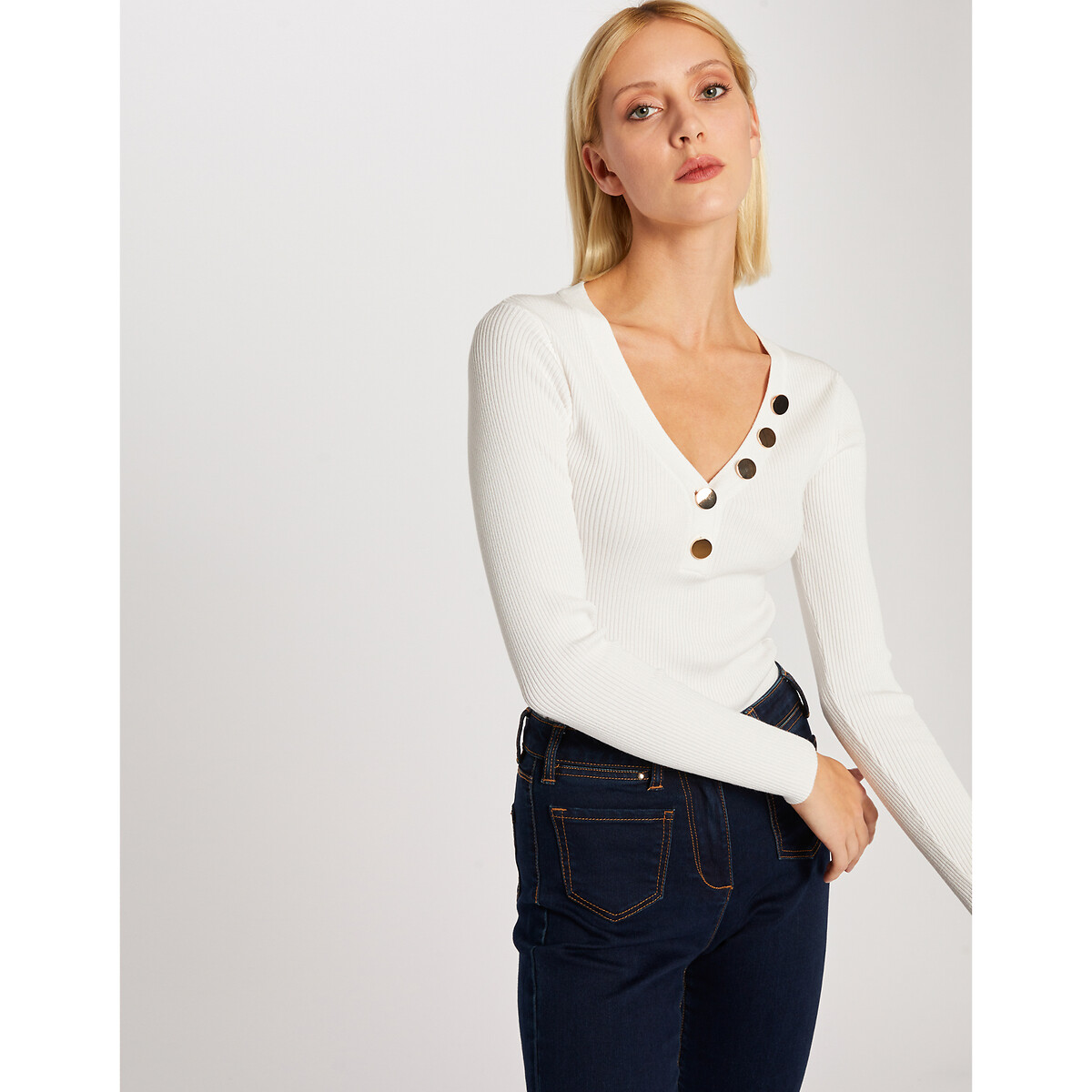 Pull À Col V Avec Boutons Dorés blanc, MORGAN