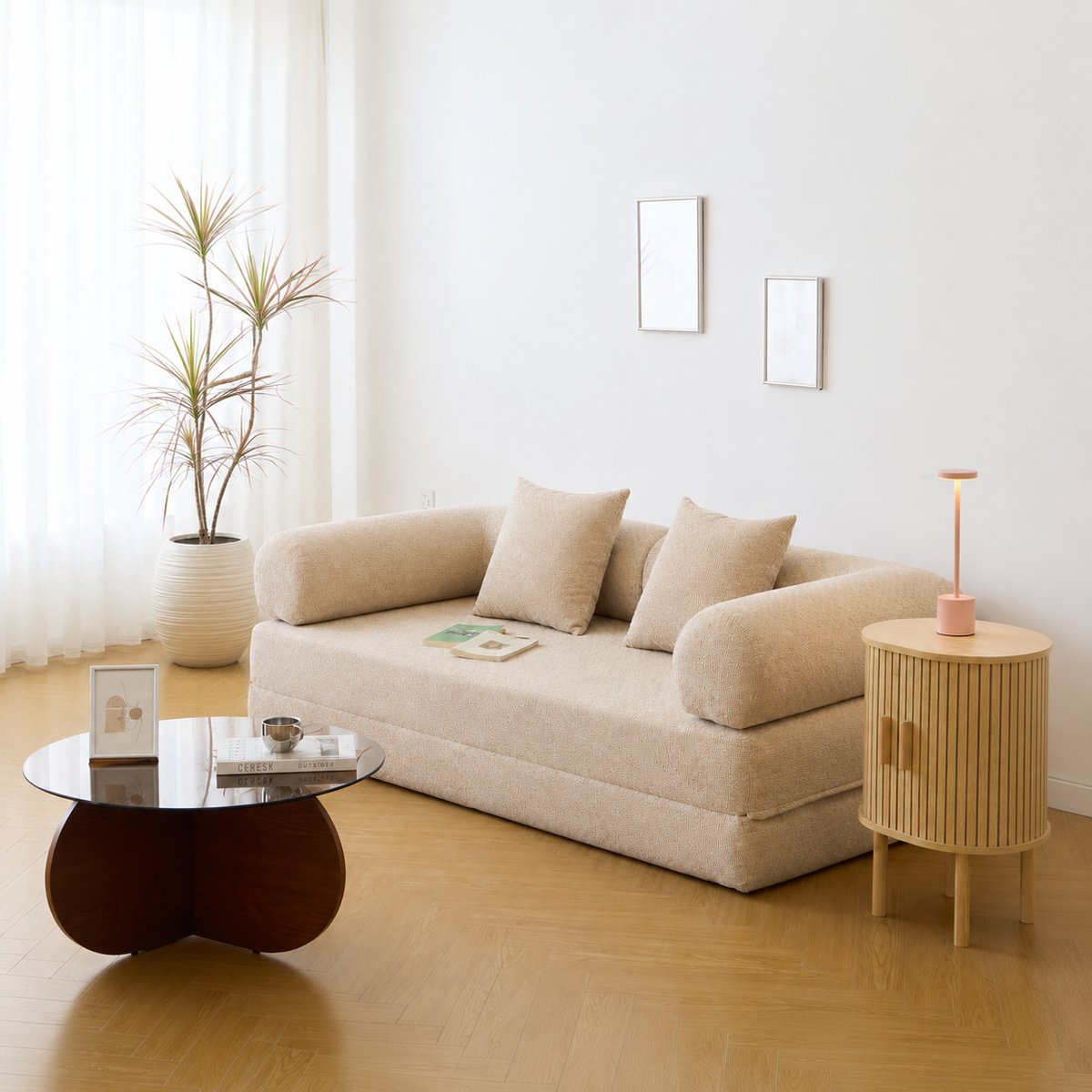 Canapé lit convertible en tissu beige, SARIA beige, NORDLYS