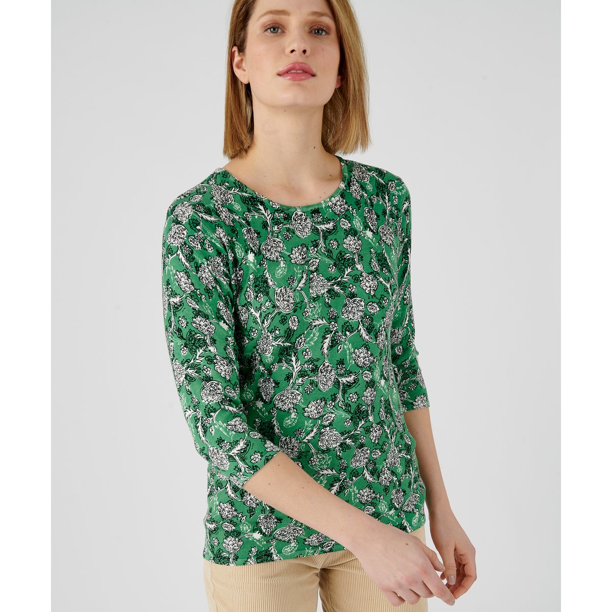 Pull maille fine manches 3/4 vert floral, DAMART
