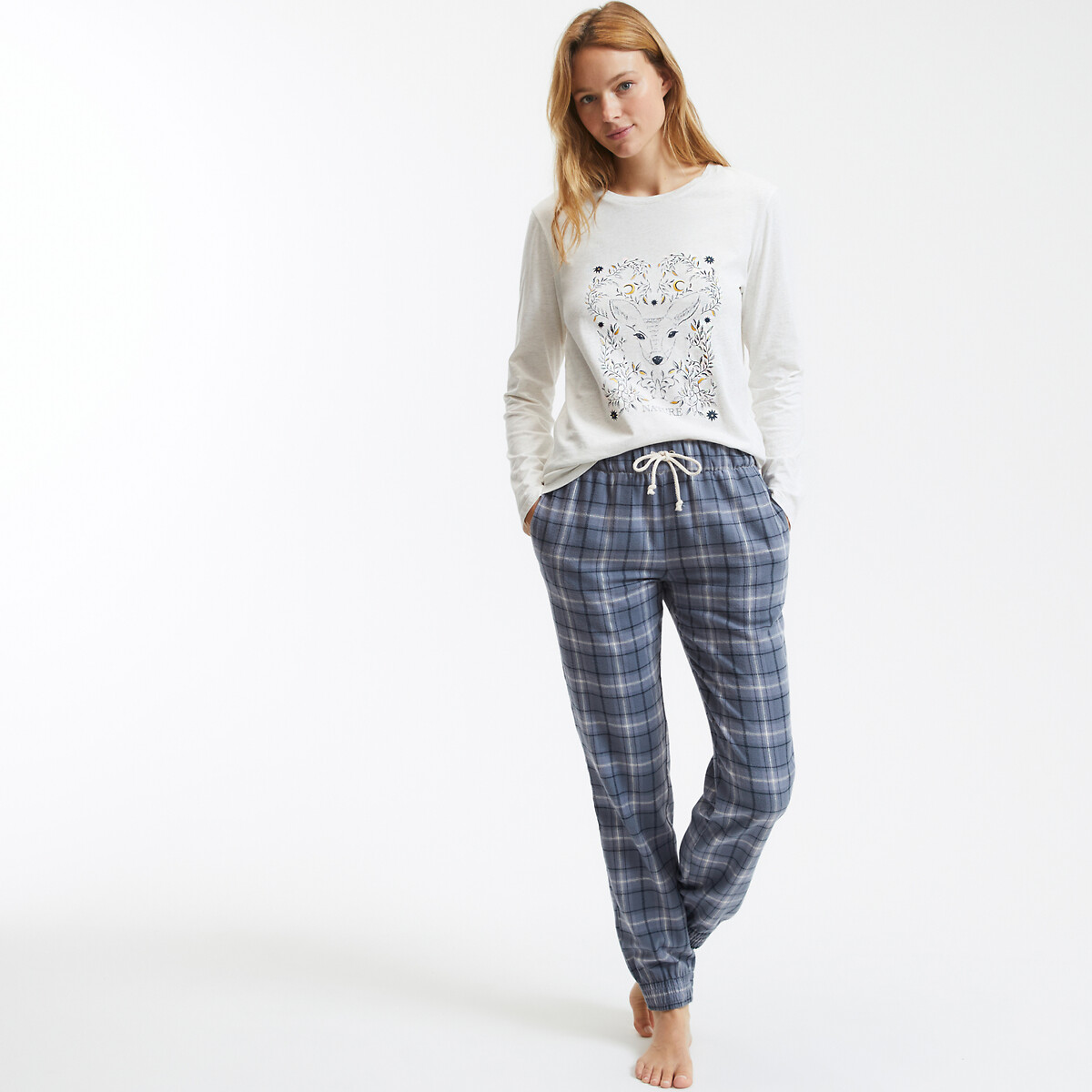 Pigiama t-shirt stampata, pantaloni a quadri quadrati blu/grigio, SO'HOME