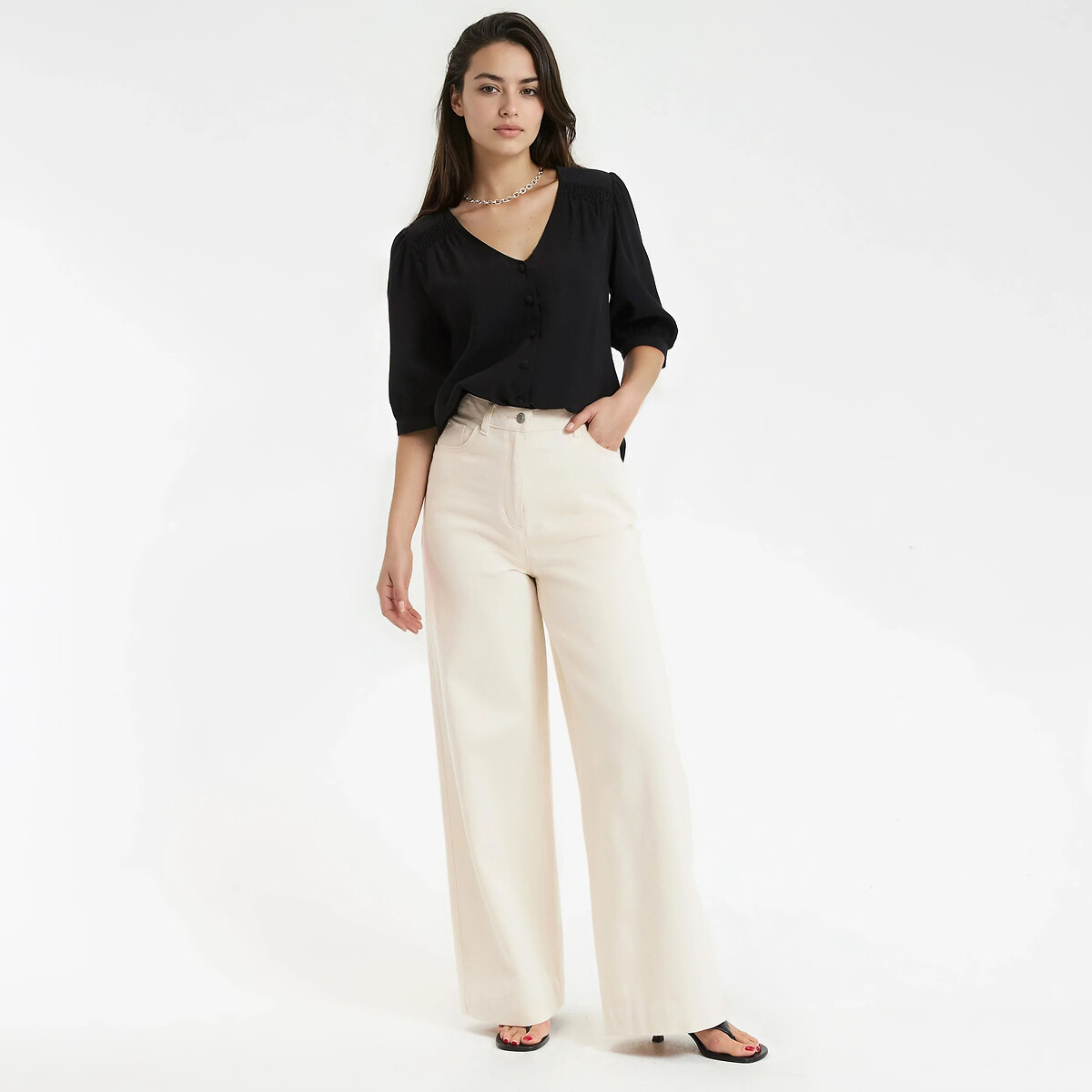 Pantalon large taille haute en twill de coton ecru, LA REDOUTE COLLECTIONS