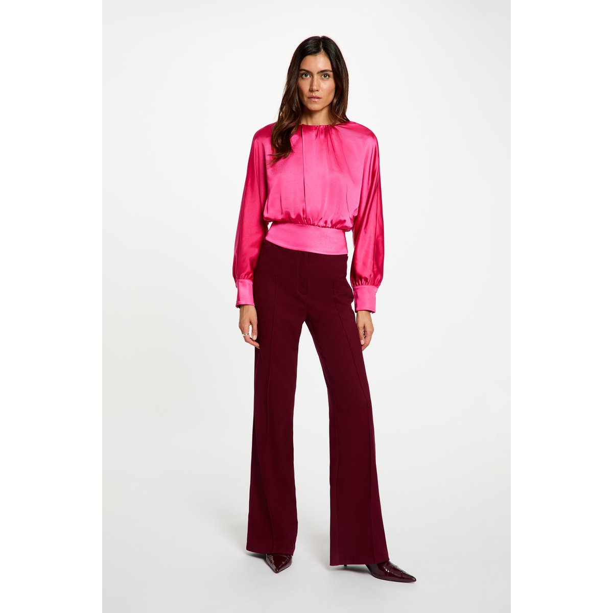 Blouse satinée manches longues rose vif, MORGAN