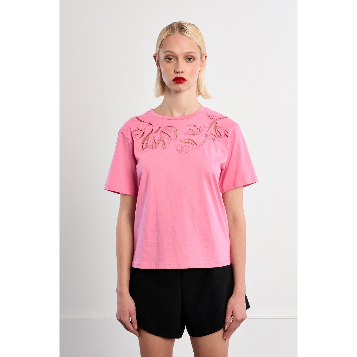 T-shirt décontracté en broderie ajourée rose, LILI SIDONIO