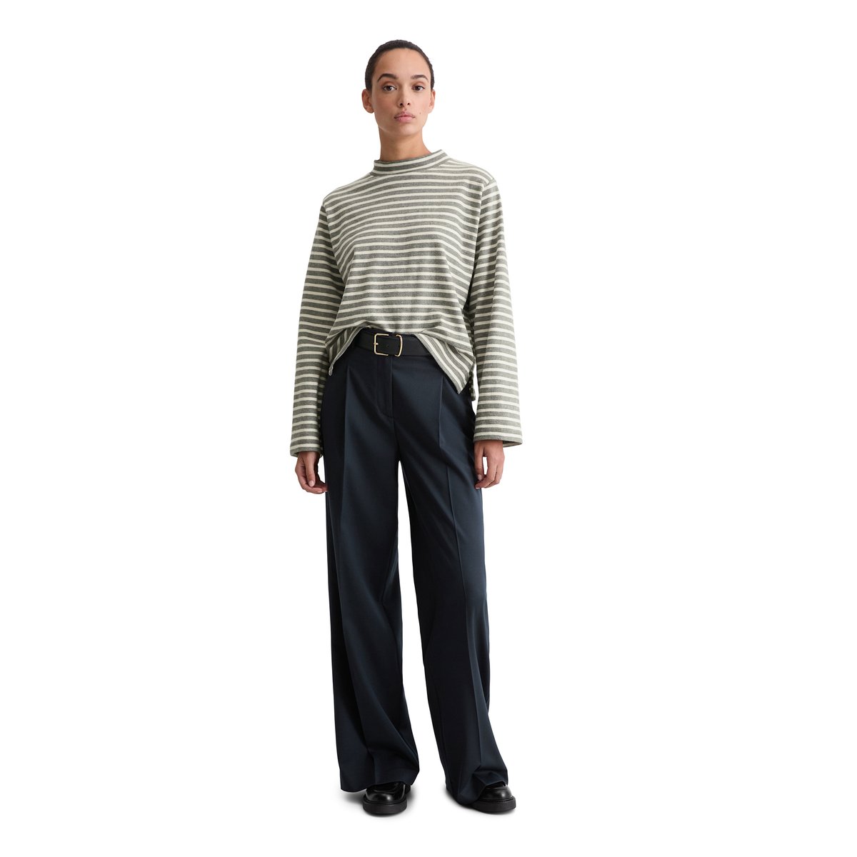 T-shirt long à col roulé rayé regular en jersey heavy slub teint en fil gris foncé, MARC O'POLO