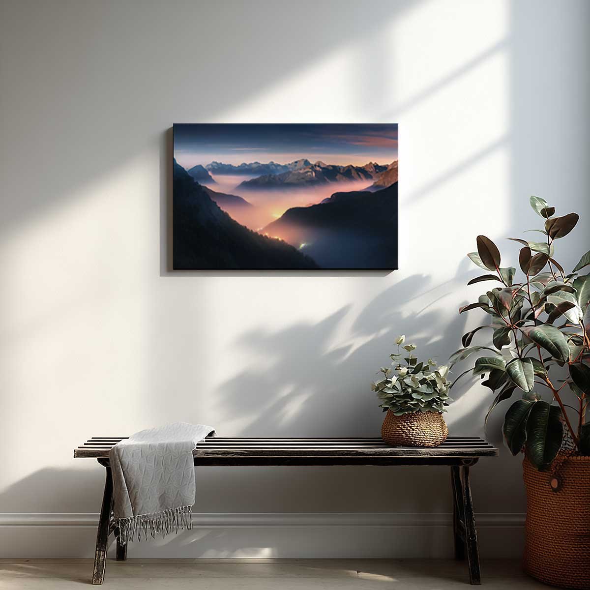 Tableau paysage de montagnes brumeuses au lever du jour toile imprimée, HEXOA