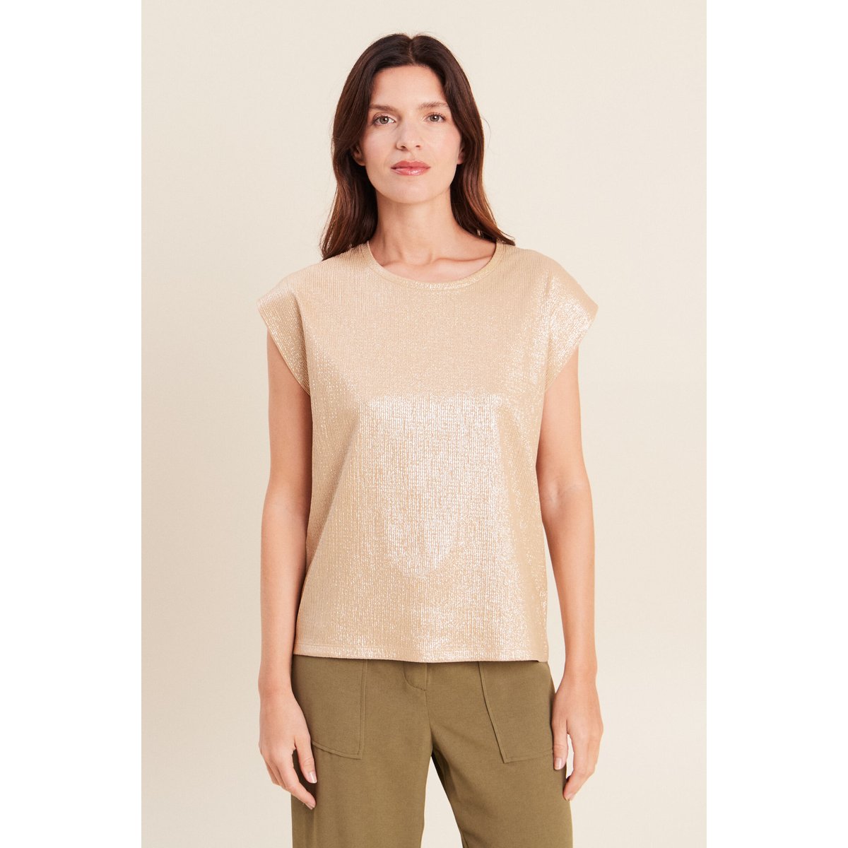 T-shirt col rond sans manches beige, BREAL