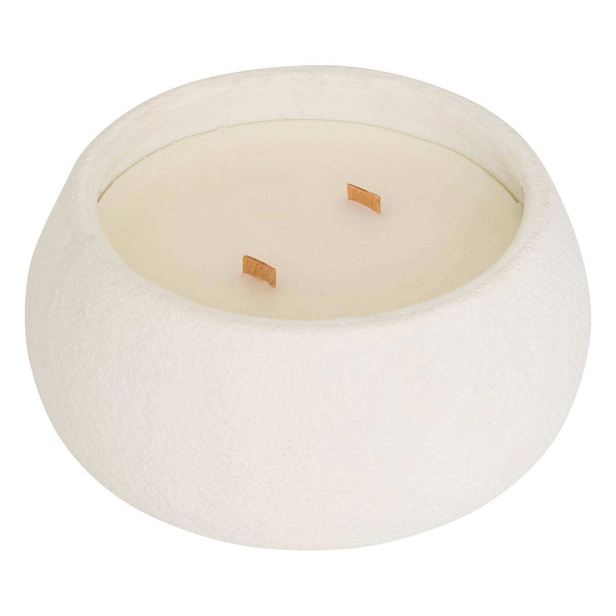Bougie parfumée 2 mèches bois pot en ciment WONJ blanc chaud, ATMOSPHERA