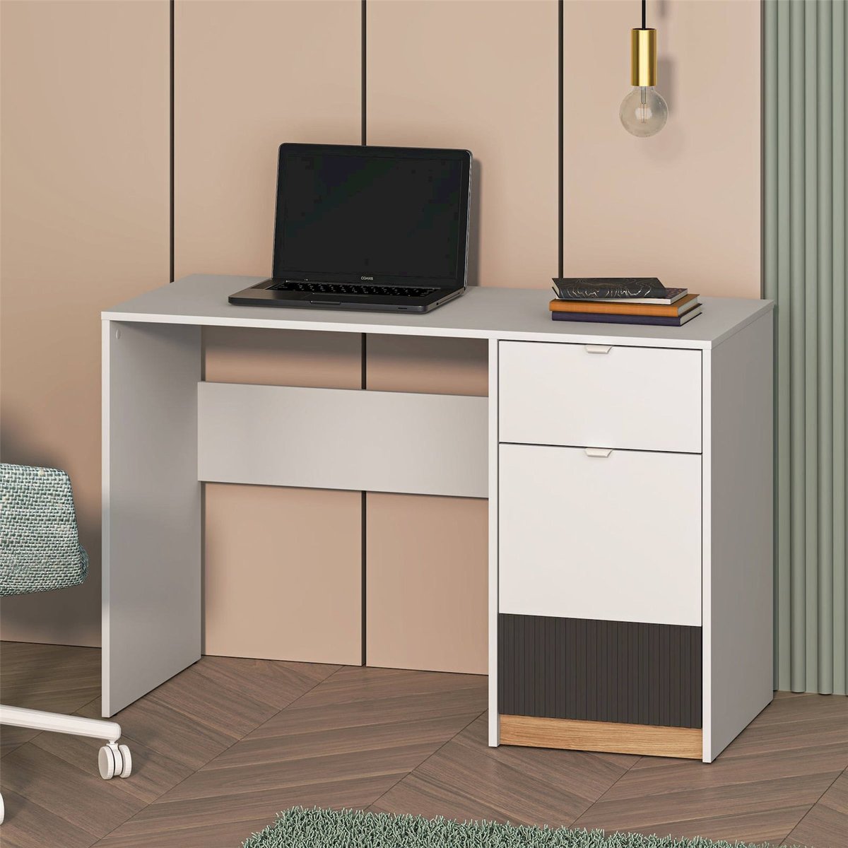 Bureau ado rainuré collection TORINO blanc alpin, graphite et décor chêne honey castello, RECOLLECTION