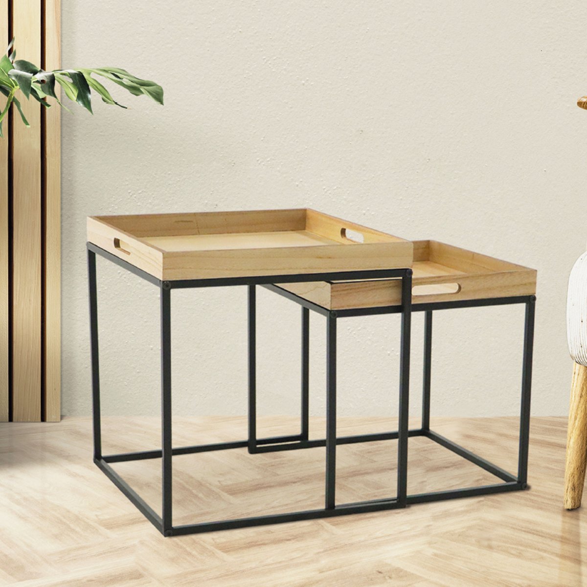 Set de 2 tables basses gigognes bois et métal noir 40x40x42cm bois, WADIGA