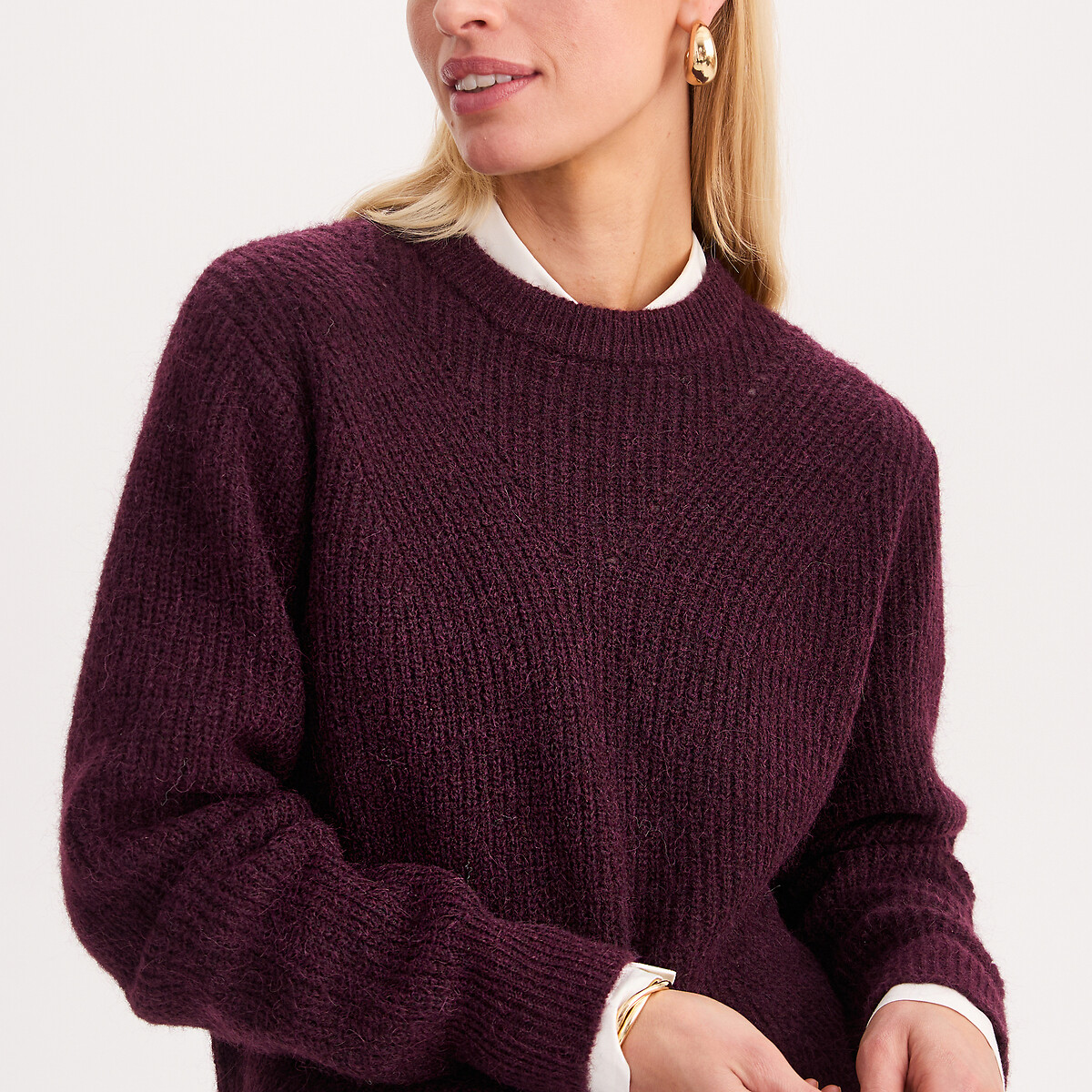 Pull col rond, en grosse maille, en laine et alpaga mélangés prune, ANNE WEYBURN