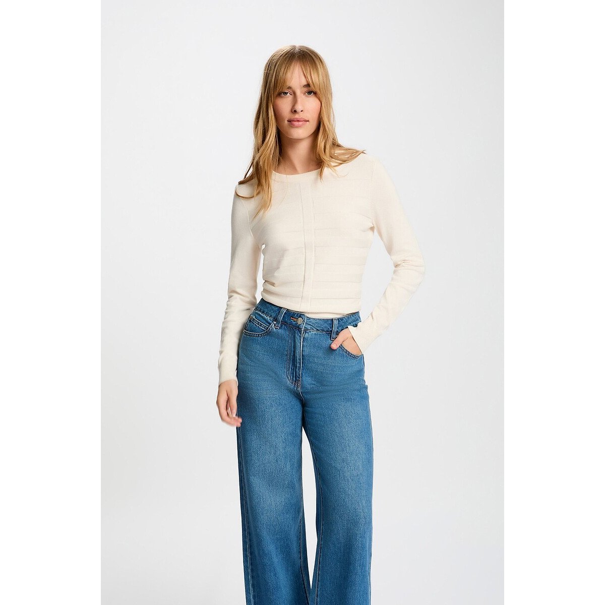 Pull manches longues col rond blanc, MORGAN